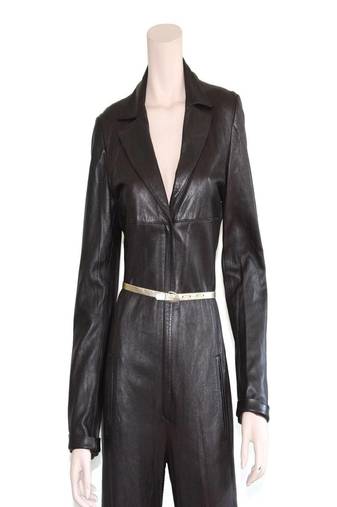 Women’s black soft lambskin leather utility long sleeve leather with waist belt jumpsuit