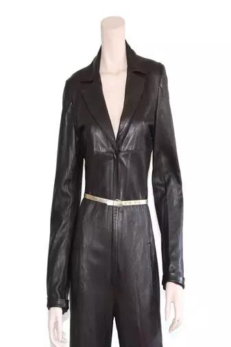 Women’s black soft lambskin leather utility long sleeve leather with waist belt jumpsuit