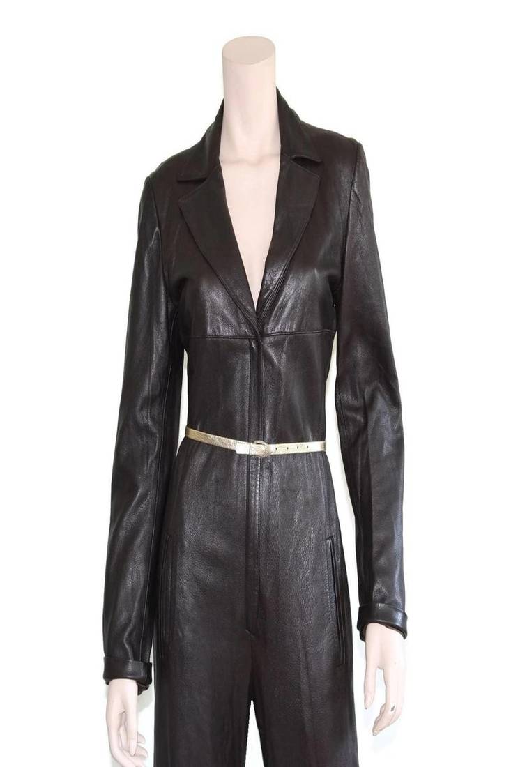 Women’s black soft lambskin leather utility long sleeve leather with waist belt jumpsuit
