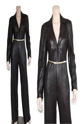 Women’s black soft lambskin leather utility long sleeve leather with waist belt jumpsuit 2