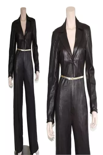 Women’s black soft lambskin leather utility long sleeve leather with waist belt jumpsuit
