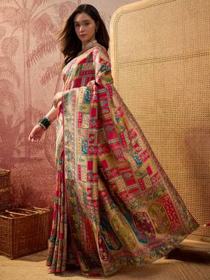 Pink viscose silk position print saree with contrast blouse piece 2