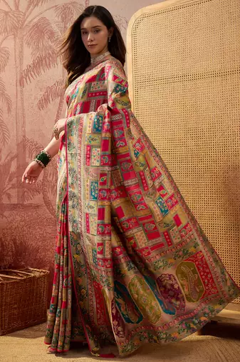 Pink viscose silk position print saree with contrast blouse piece