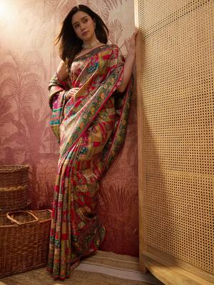 Pink viscose silk position print saree with contrast blouse piece 3