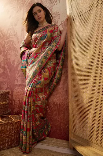 Pink viscose silk position print saree with contrast blouse piece
