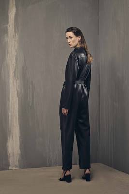 Women’s black soft genuine lambskin leather utility long sleeve leather with waist belt jumpsuit 2