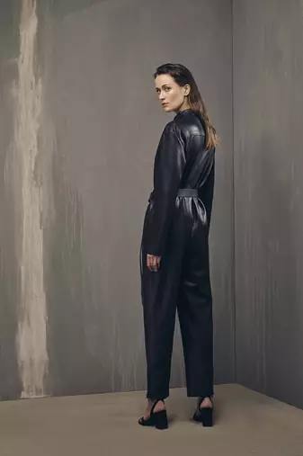 Women’s black soft genuine lambskin leather utility long sleeve leather with waist belt jumpsuit