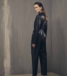Women’s black soft genuine lambskin leather utility long sleeve leather with waist belt jumpsuit