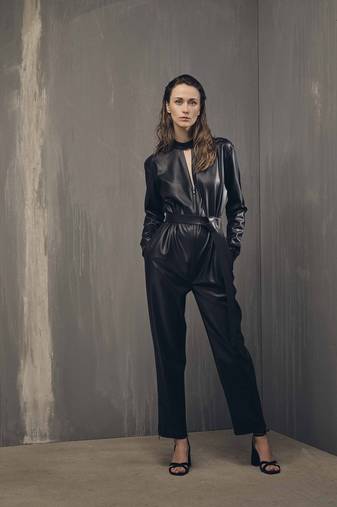 Women’s black soft genuine lambskin leather utility long sleeve leather with waist belt jumpsuit