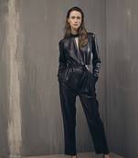 Women’s black soft genuine lambskin leather utility long sleeve leather with waist belt jumpsuit