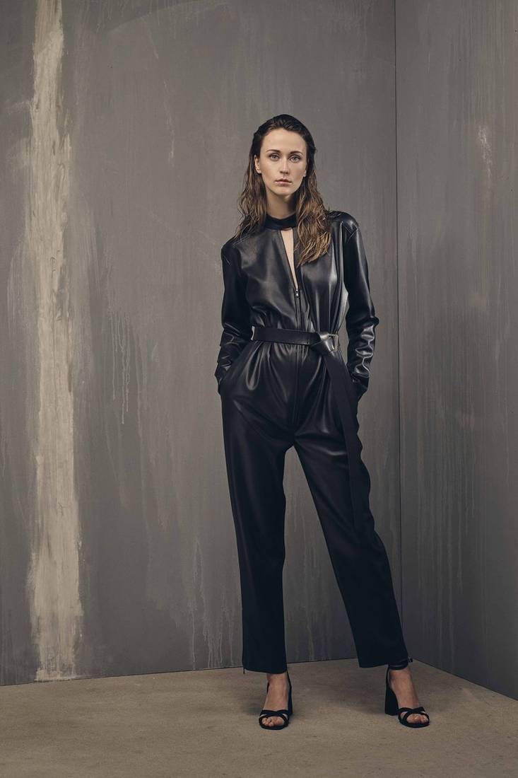 Women’s black soft genuine lambskin leather utility long sleeve leather with waist belt jumpsuit