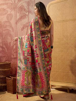 Pink viscose silk position print saree with contrast blouse piece 4