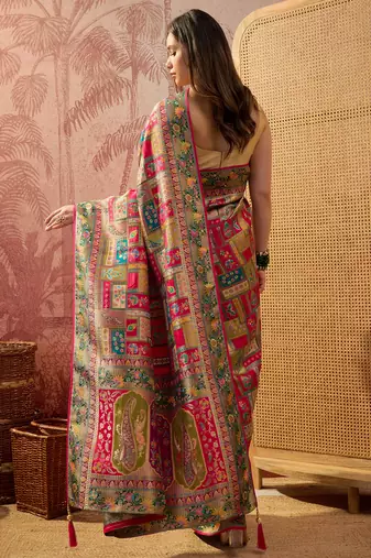 Pink viscose silk position print saree with contrast blouse piece