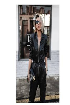 Women’s black soft genuine lambskin leather utility long sleeve leather with waist lastic jumpsuit 1