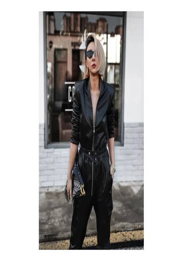Women’s black soft genuine lambskin leather utility long sleeve leather with waist lastic jumpsuit