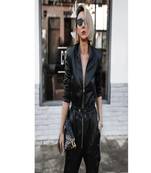 Women’s black soft genuine lambskin leather utility long sleeve leather with waist lastic jumpsuit