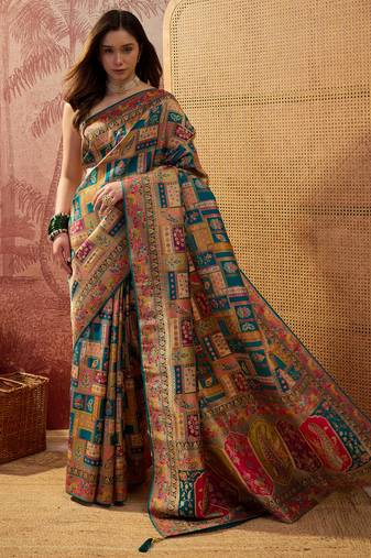 Teal viscose silk position print saree with contrast blouse piece