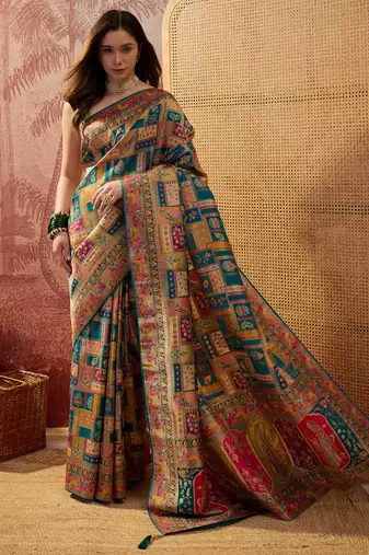Teal viscose silk position print saree with contrast blouse piece