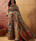 Teal viscose silk position print saree with contrast blouse piece