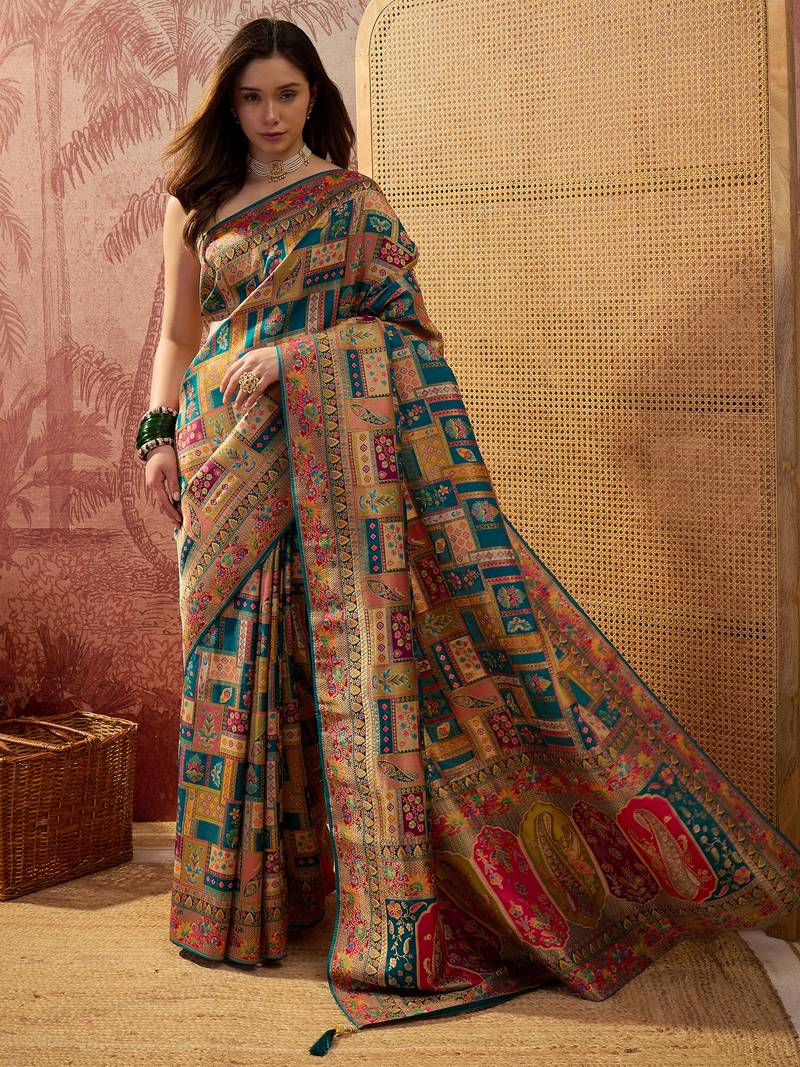 Teal viscose silk position print saree with contrast blouse piece