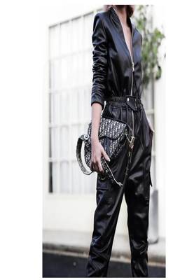 Women’s black soft genuine lambskin leather utility long sleeve leather with waist lastic jumpsuit 2