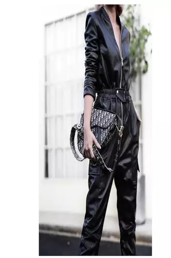 Women’s black soft genuine lambskin leather utility long sleeve leather with waist lastic jumpsuit