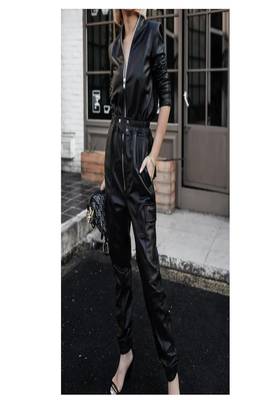 Women’s black soft genuine lambskin leather utility long sleeve leather with waist lastic jumpsuit 3