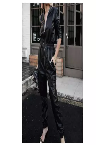 Women’s black soft genuine lambskin leather utility long sleeve leather with waist lastic jumpsuit