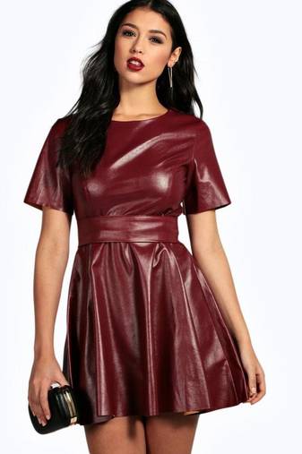 Women’s genuine lambskin burgundy dressfit & flaire short sleeve dress