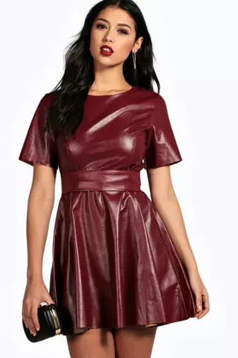 Women’s genuine lambskin burgundy dressfit & flaire short sleeve dress