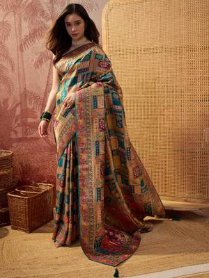 Teal viscose silk position print saree with contrast blouse piece 2