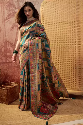 Teal viscose silk position print saree with contrast blouse piece