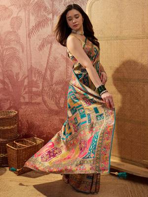 Teal viscose silk position print saree with contrast blouse piece 3