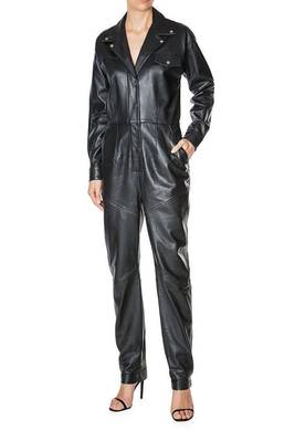 Women’s black soft genuine lambskin leather utility long sleeve snap button jumpsuit 1