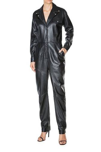 Women’s black soft genuine lambskin leather utility long sleeve snap button jumpsuit