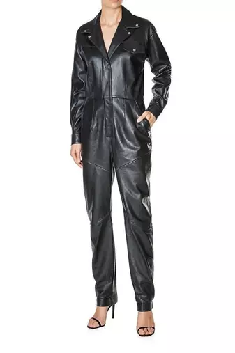 Women’s black soft genuine lambskin leather utility long sleeve snap button jumpsuit