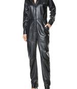 Women’s black soft genuine lambskin leather utility long sleeve snap button jumpsuit