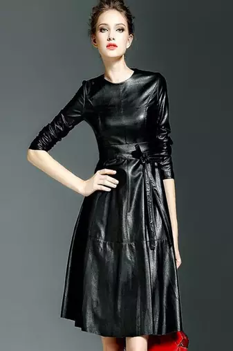 Women’s genuine lambskin black dressfit & flaire long sleeve dress