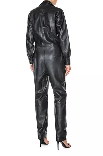 Women’s black soft genuine lambskin leather utility long sleeve snap button jumpsuit