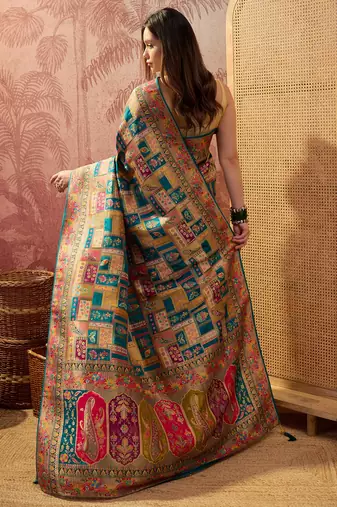 Teal viscose silk position print saree with contrast blouse piece