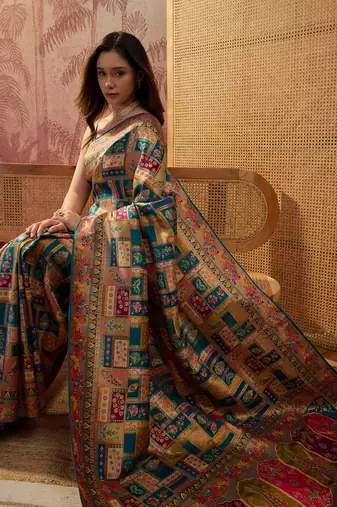 Teal viscose silk position print saree with contrast blouse piece