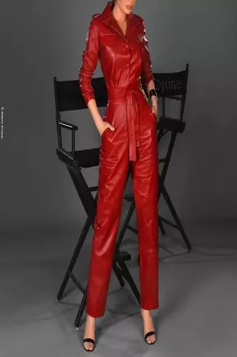 Women’s red soft genuine lambskin leather utility long sleeve button jumpsuit