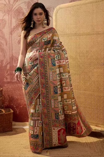 Off white viscose silk position print saree with contrast blouse piece