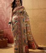 Off white viscose silk position print saree with contrast blouse piece