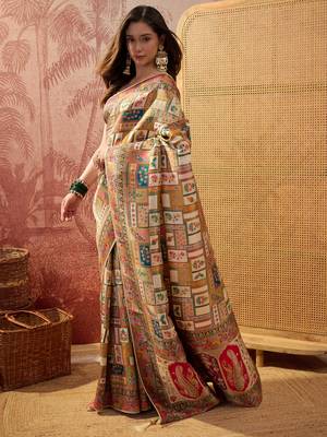 Off white viscose silk position print saree with contrast blouse piece 2