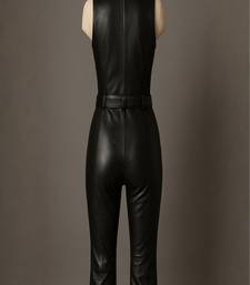 Women’s black soft genuine lambskin leather utility sleeveless jumpsuit