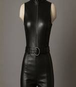 Women’s black soft genuine lambskin leather utility sleeveless jumpsuit