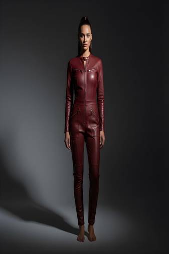 Women’s burgundysoft genuine lambskin leather utility jumpsuit