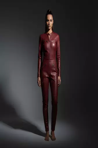 Women’s burgundysoft genuine lambskin leather utility jumpsuit