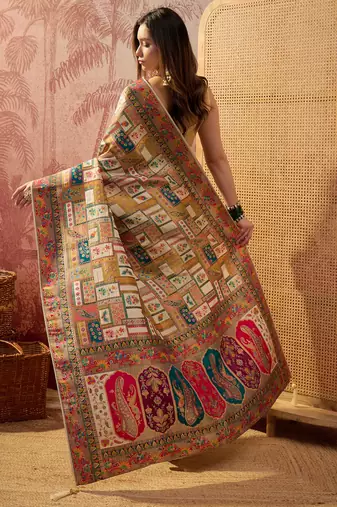 Off white viscose silk position print saree with contrast blouse piece